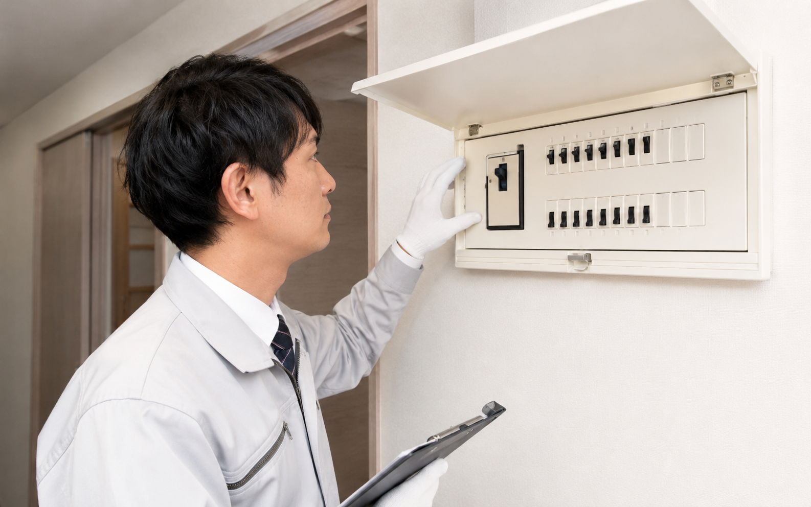 住宅分電盤の200V専用回路と空き回路を確認する電気工事士のイメージ