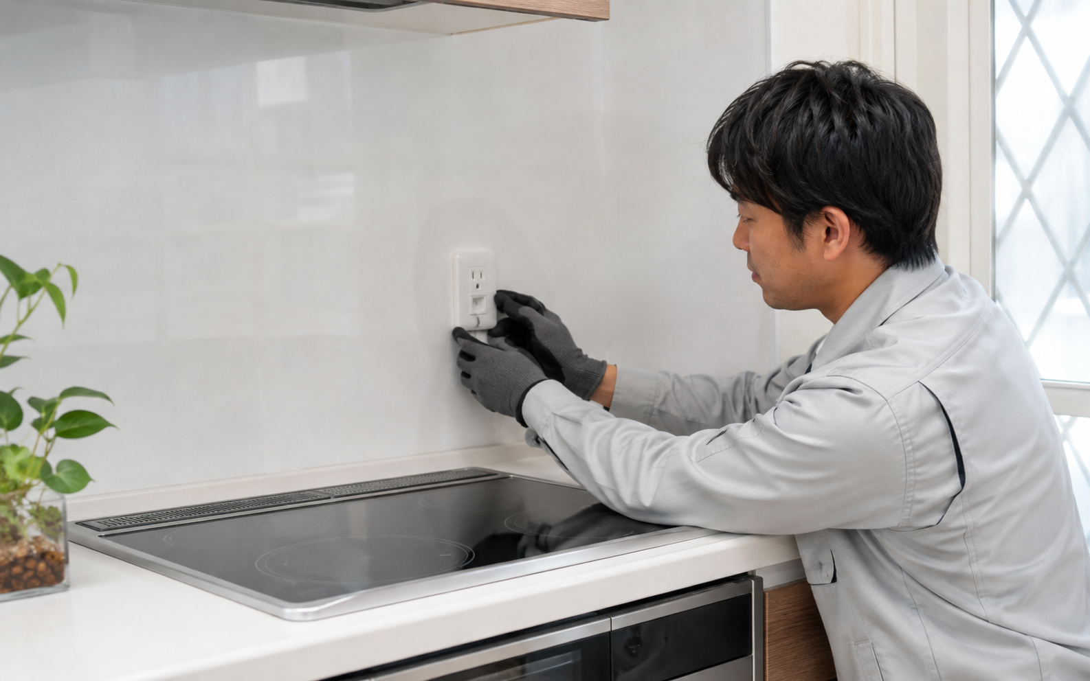 キッチンにIH用の200Vコンセントを増設する電気工事士のイメージ