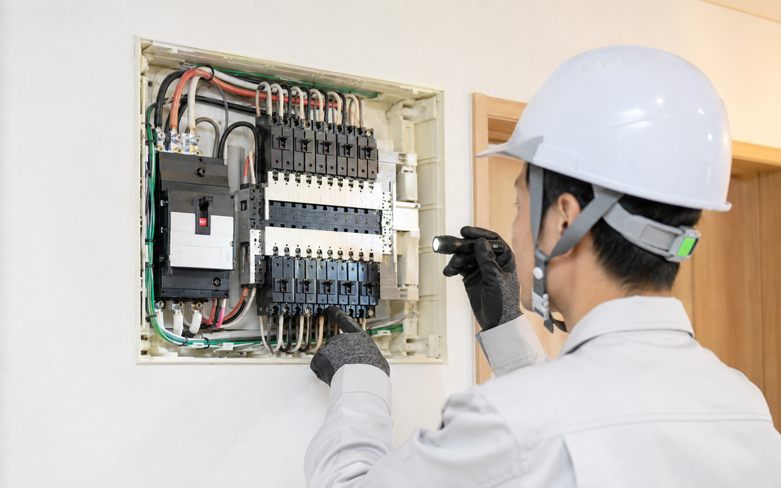 分電盤からエアコン専用回路を確認する電気工事のイメージ
