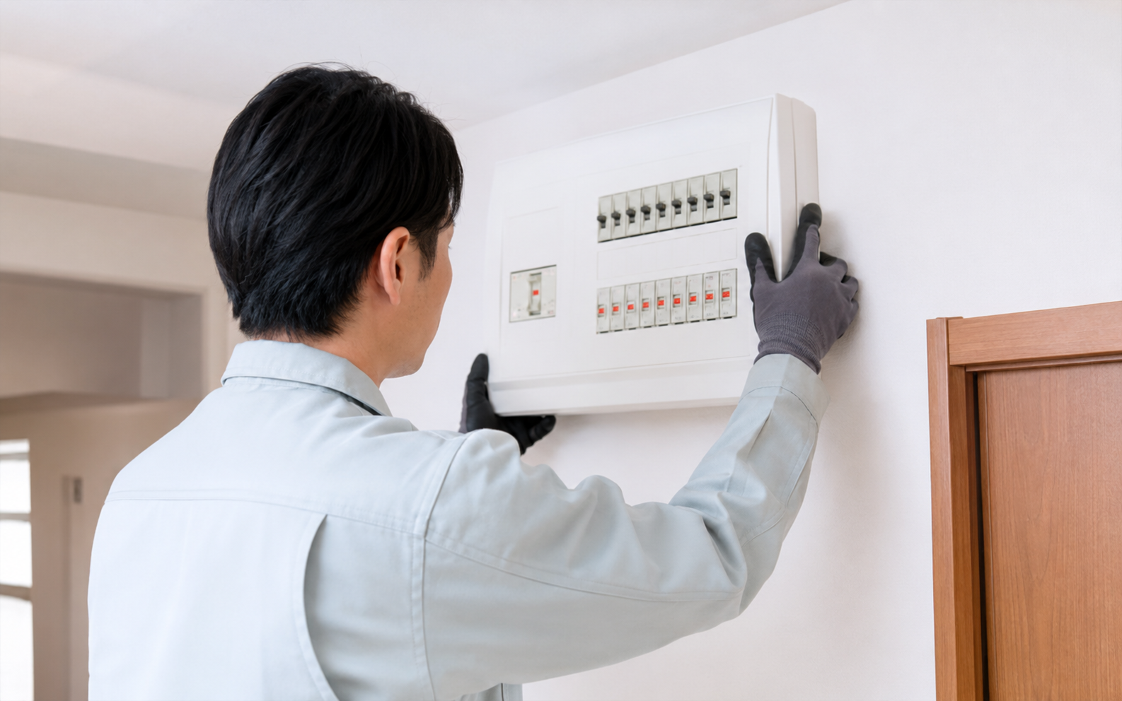 分電盤の交換と回路増設を確認する電気工事士のイメージ