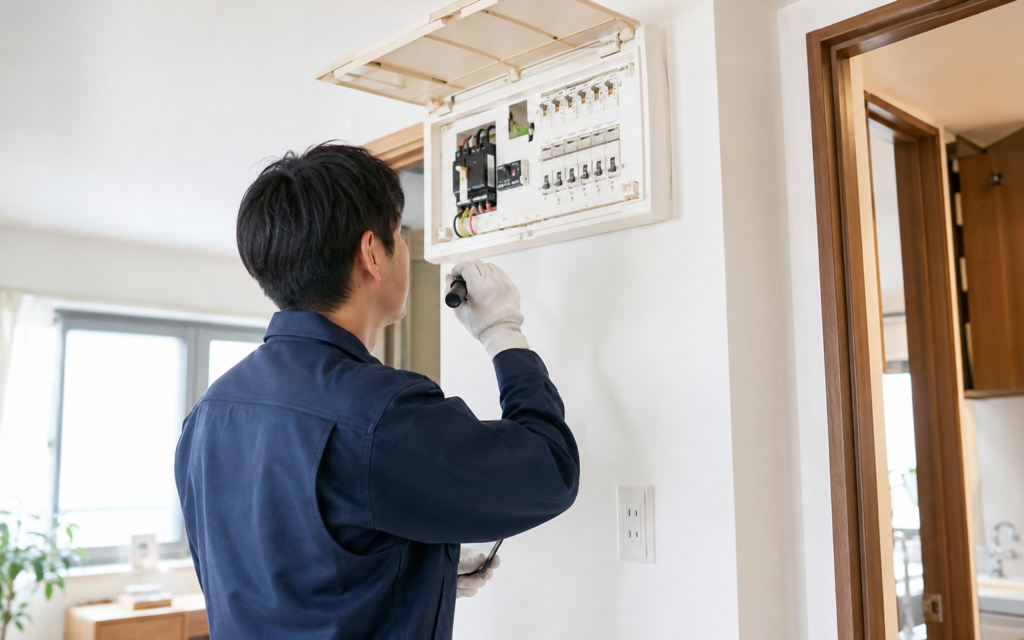 分電盤とコンセントまわりを確認する電気工事のイメージ