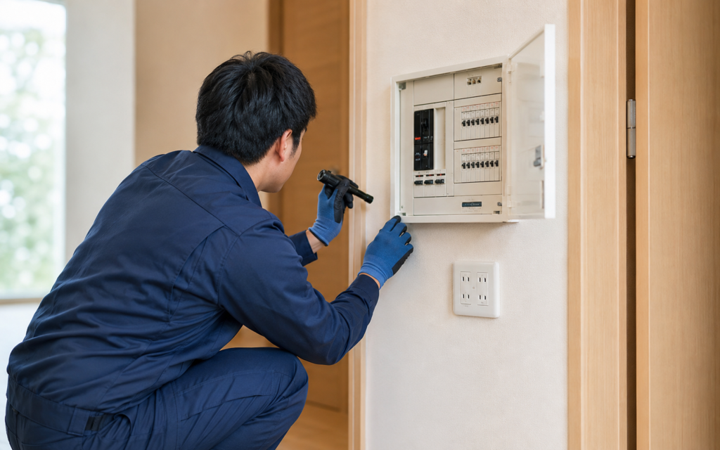 分電盤とコンセントまわりを確認する電気工事のイメージ