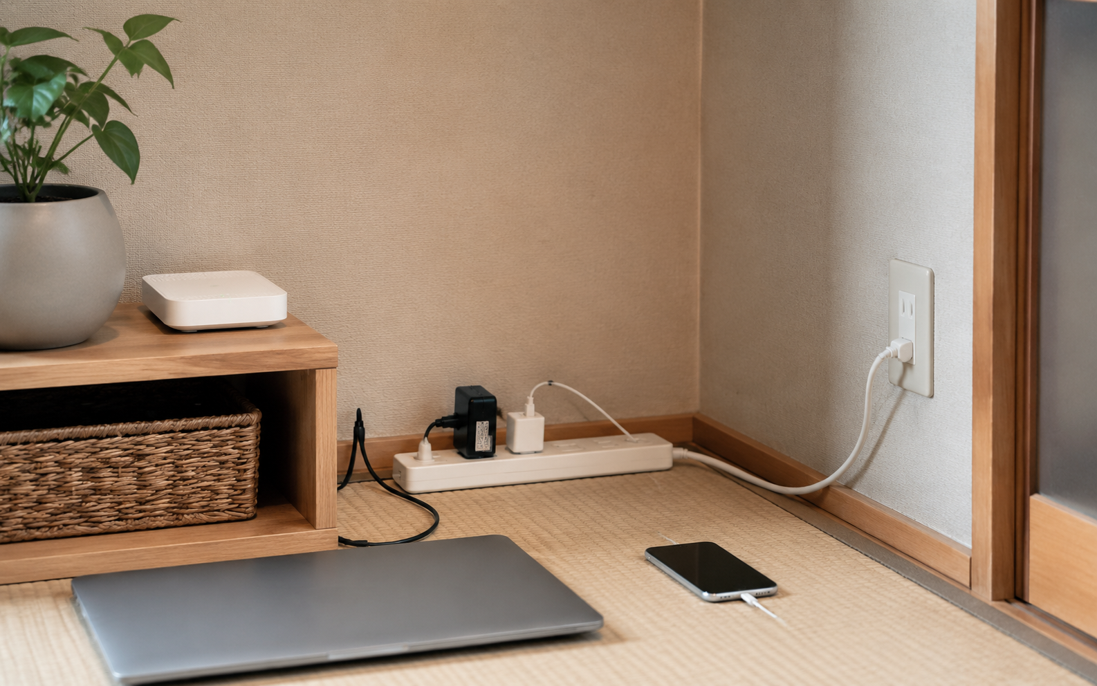 延長コードと電源タップを使用している住宅のコンセントまわりのイメージ