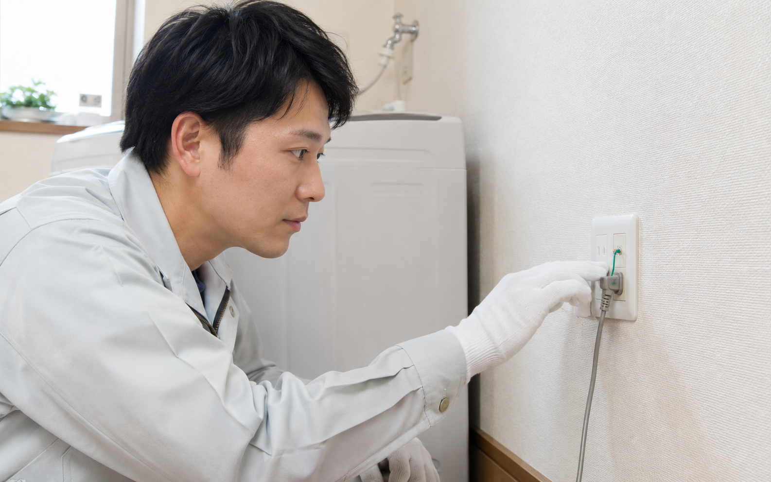 アース端子がない古いコンセントをアース付きコンセントへ交換する電気工事士のイメージ
