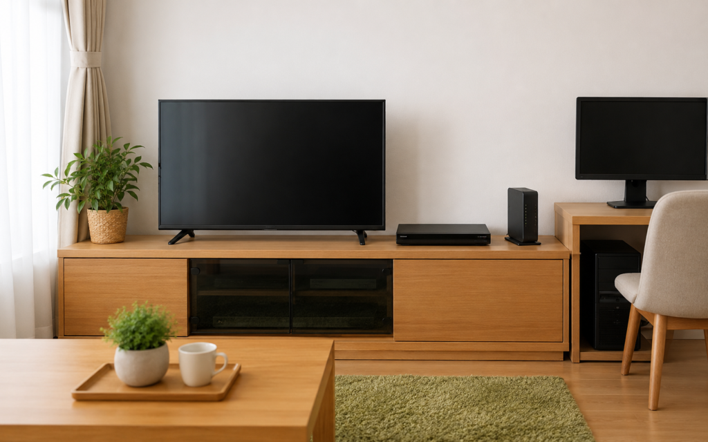 テレビとパソコン、ルーターがある家庭の家電コーナー