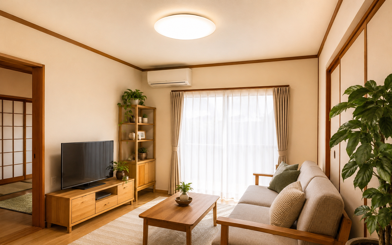 蛍光灯からLED照明への交換を検討する明るいリビング