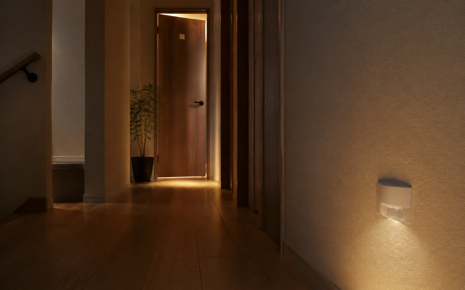 廊下とトイレで人感センサー付きスイッチにより照明が自動点灯する住宅のイメージ