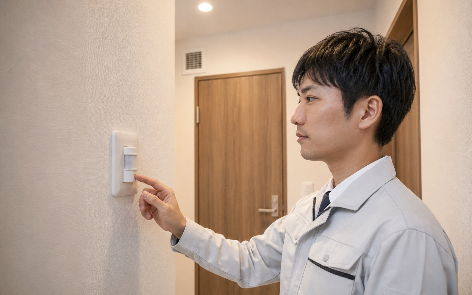 人感センサー付きスイッチとトイレの照明・換気扇の連動を確認する電気工事士のイメージ