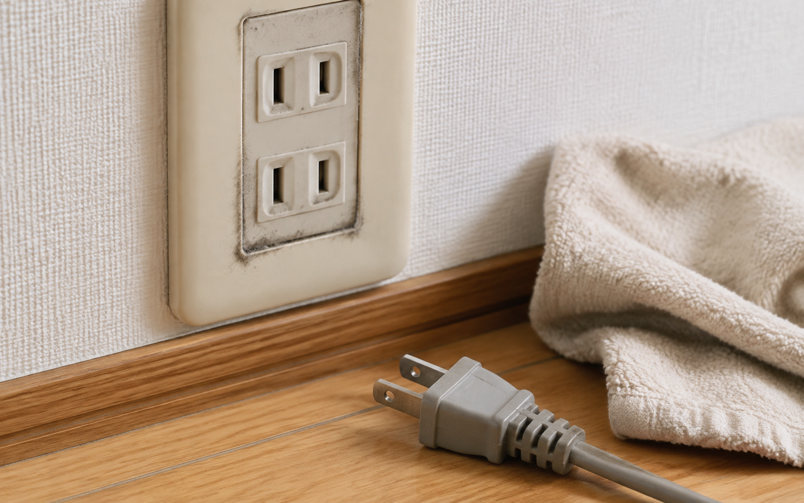 変色したコンセントと傷んだ電源プラグの危険サインを示すイメージ