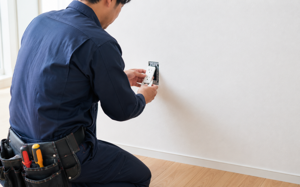 住宅の壁にコンセントを増設する電気工事のイメージ