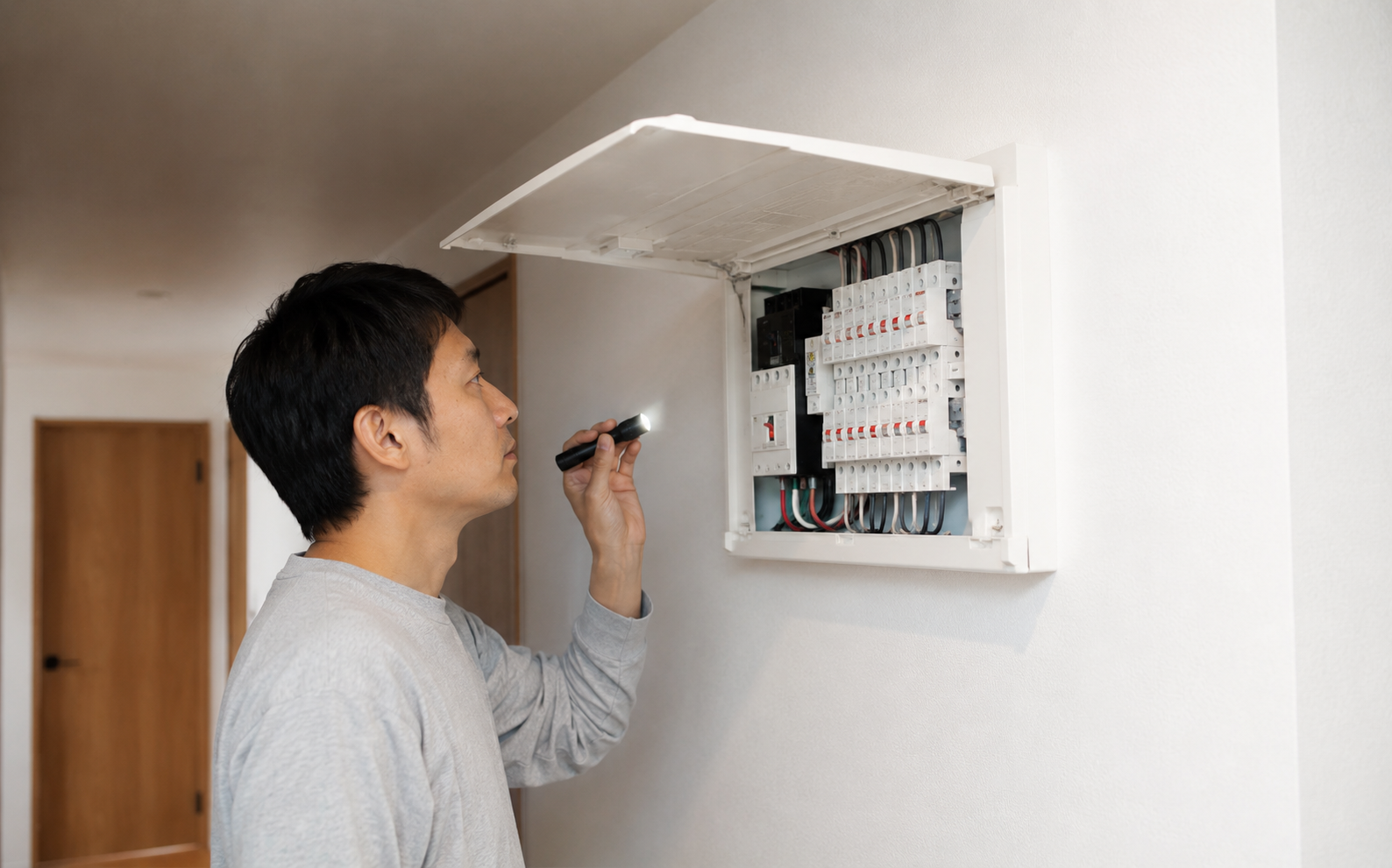 住宅の分電盤と停電時に確認するブレーカーを示すイメージ