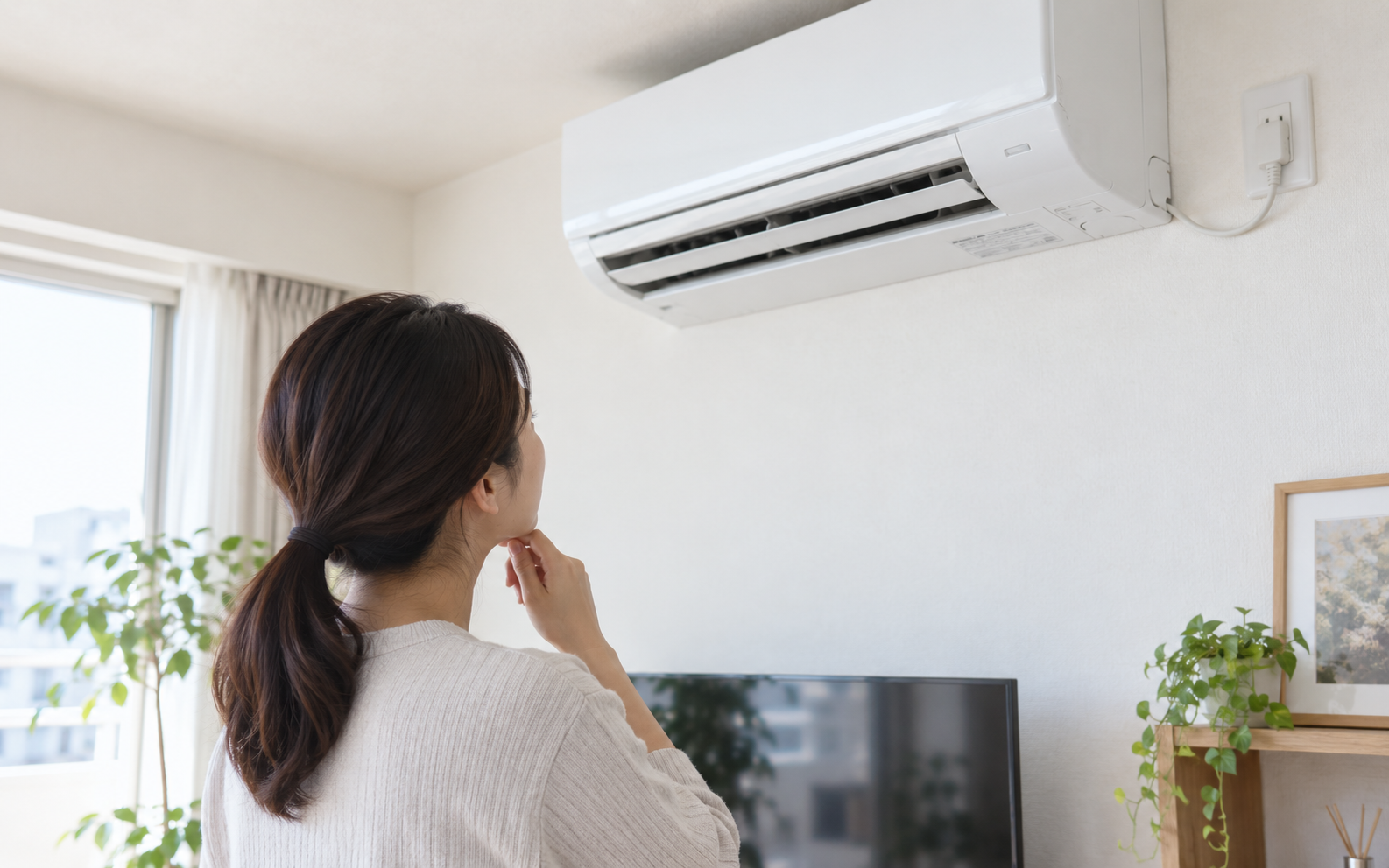 エアコンの電圧表示と専用コンセントを確認するイメージ