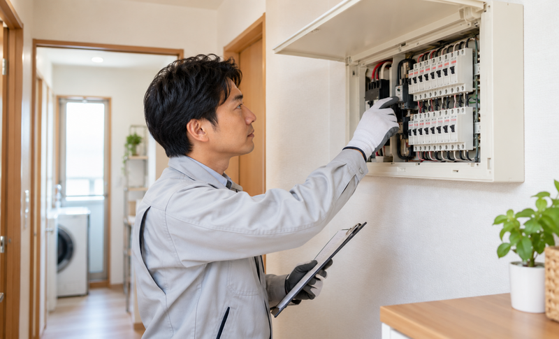 食洗機用の専用回路を確認するため分電盤を点検する電気工事士のイメージ