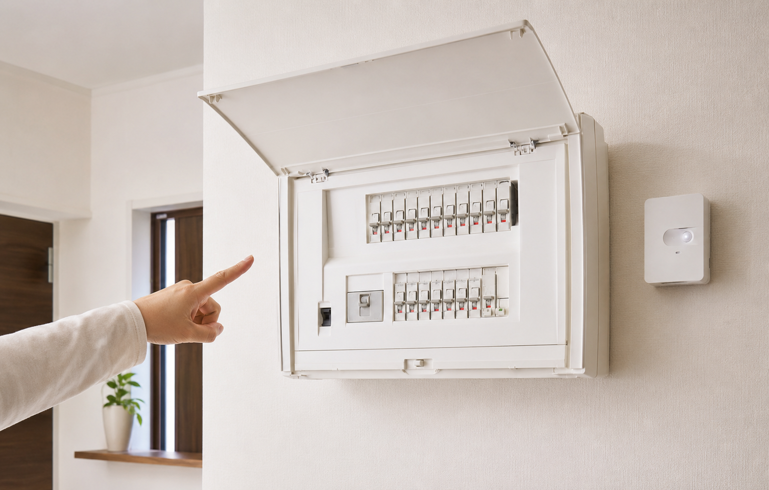 住宅の分電盤に設置する感震ブレーカーを確認するイメージ