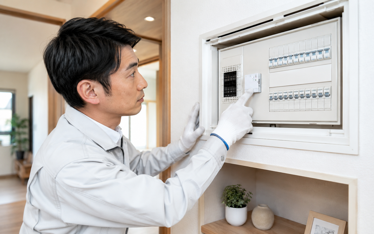 住宅の分電盤と感震ブレーカーの設置状況を確認する電気工事士のイメージ