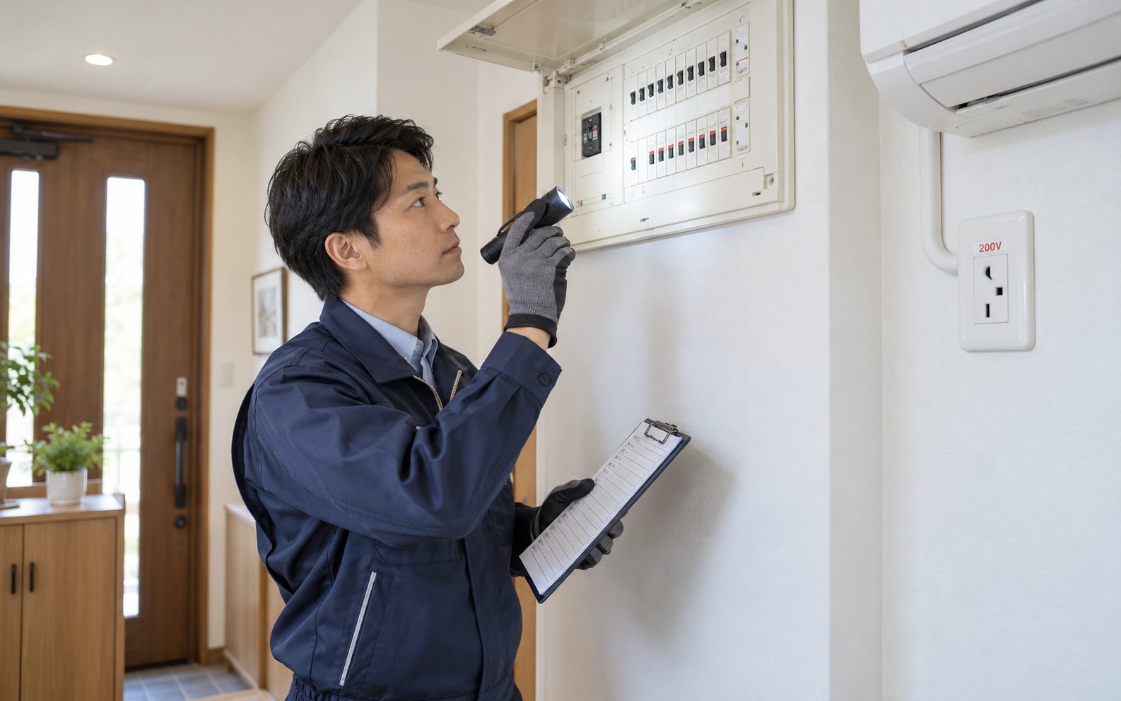 200Vコンセントと分電盤の状態を確認する電気工事士のイメージ