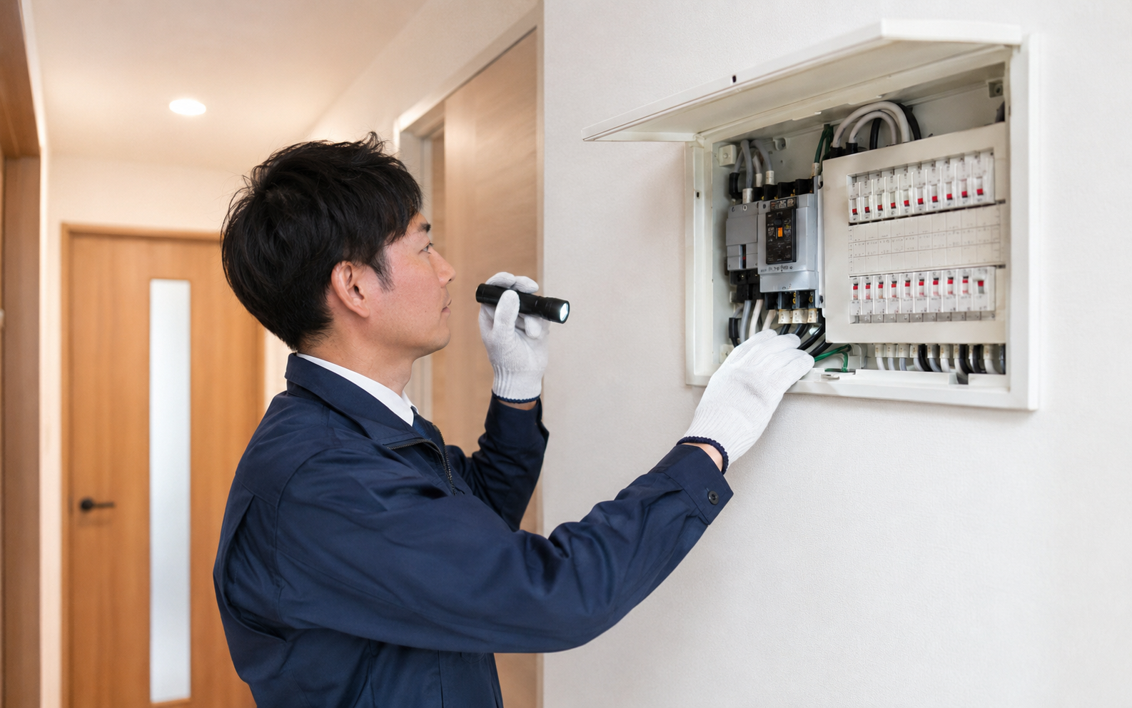 分電盤とブレーカーの状態を点検する電気工事士のイメージ