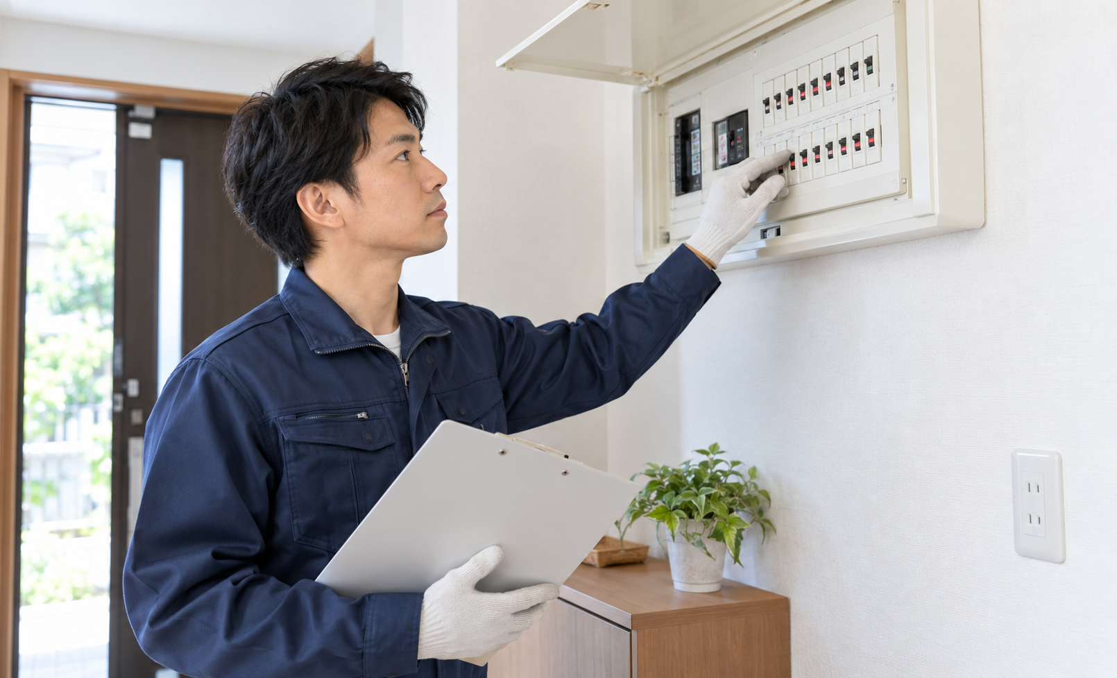 住宅の分電盤とブレーカーを点検する電気工事士のイメージ