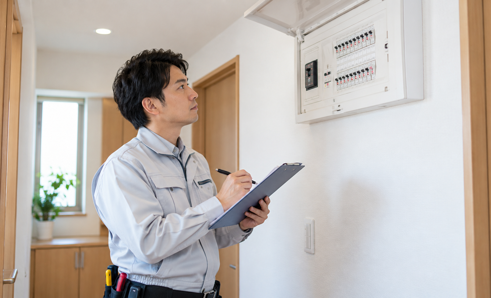 分電盤の空き回路と家電用回路を確認する電気工事士のイメージ