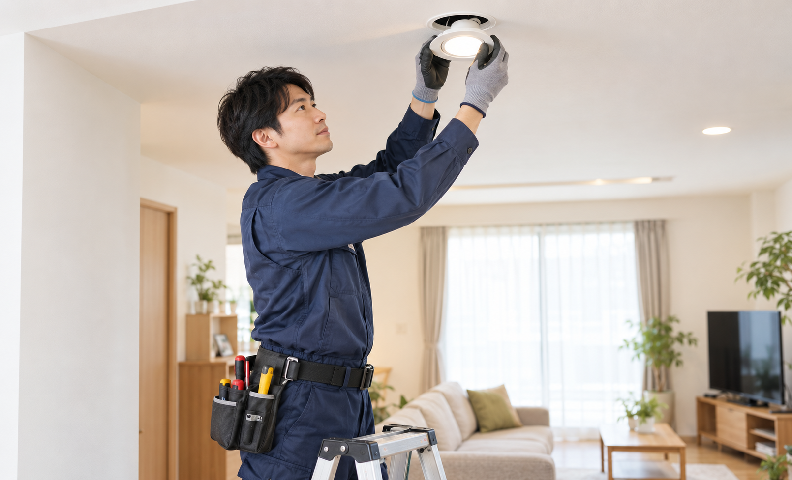 天井のダウンライトを確認して交換作業を行う電気工事士のイメージ
