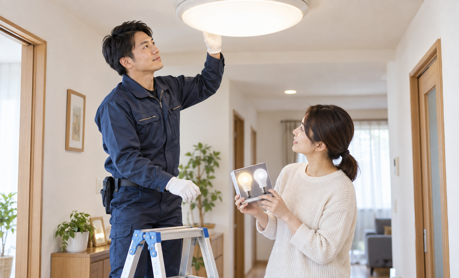 照明器具の対応と光の色を確認する電気工事士のイメージ