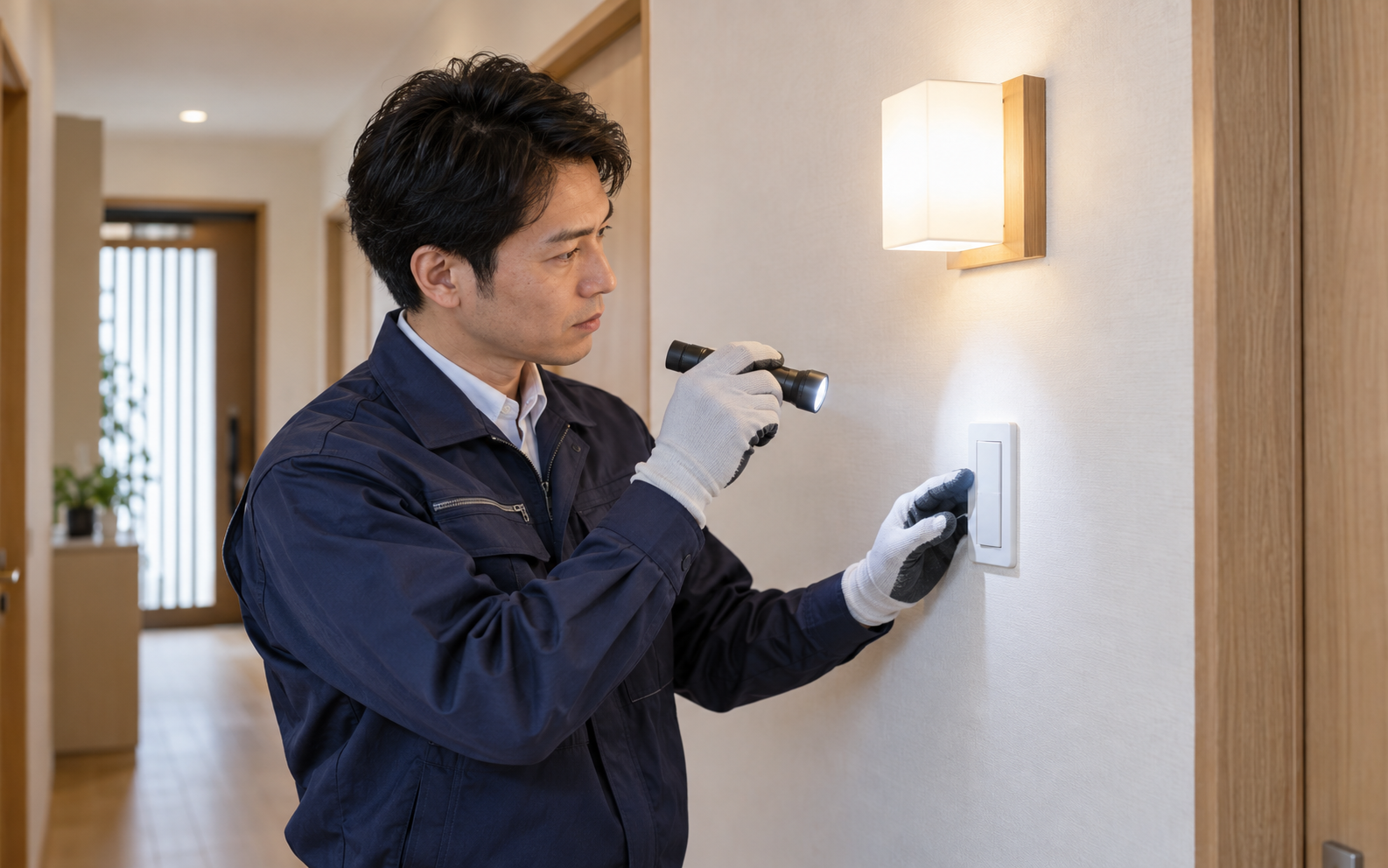 照明器具と壁スイッチの状態を確認する電気工事士のイメージ
