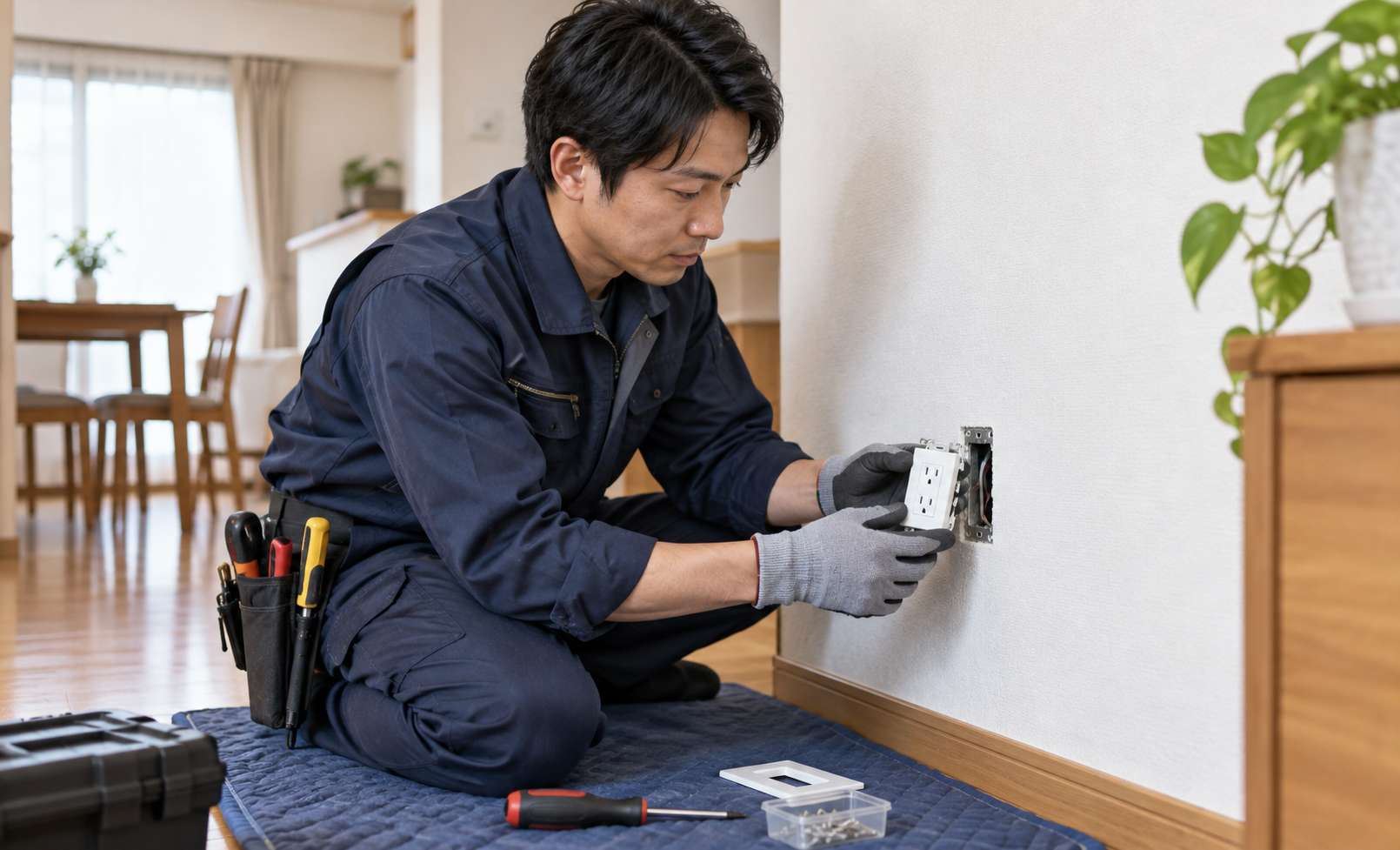 住宅のコンセントを交換する電気工事士のイメージ