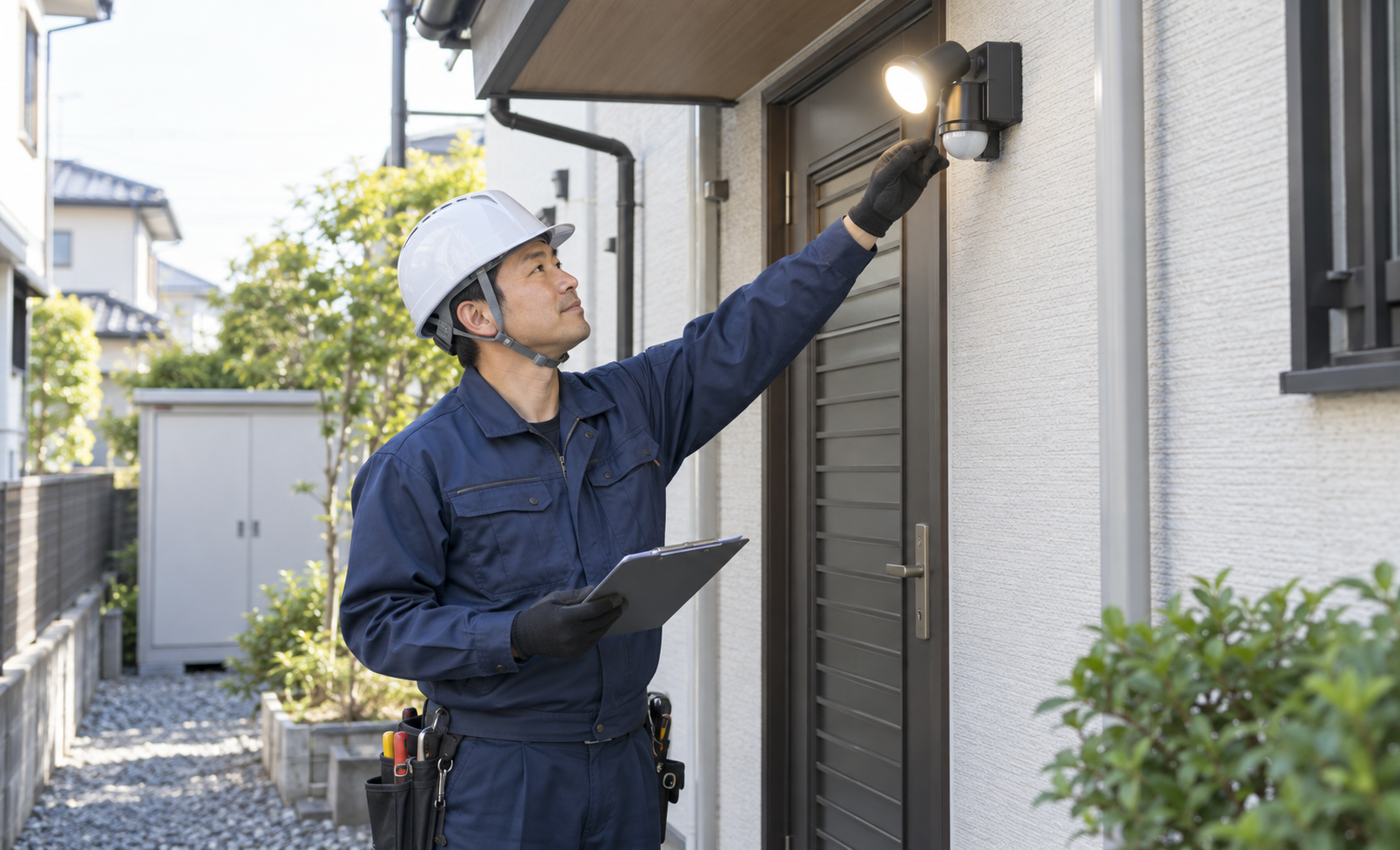 屋外センサーライトの設置状態を確認する電気工事士のイメージ