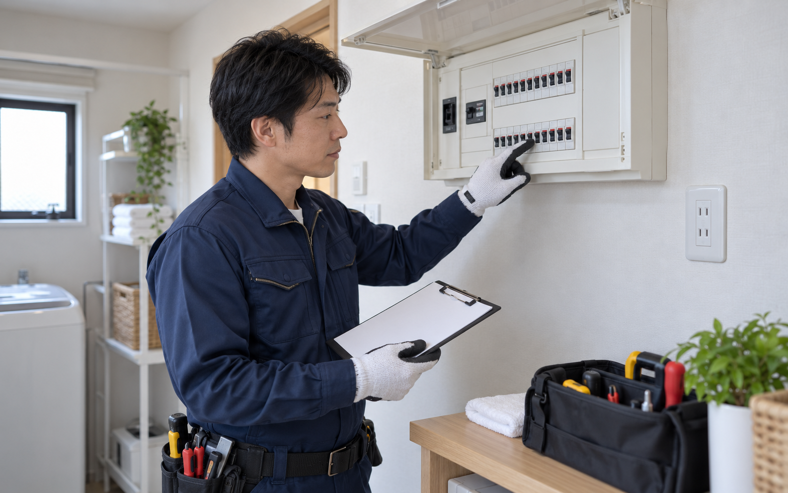 コンセントと分電盤の定格を確認する電気工事士のイメージ