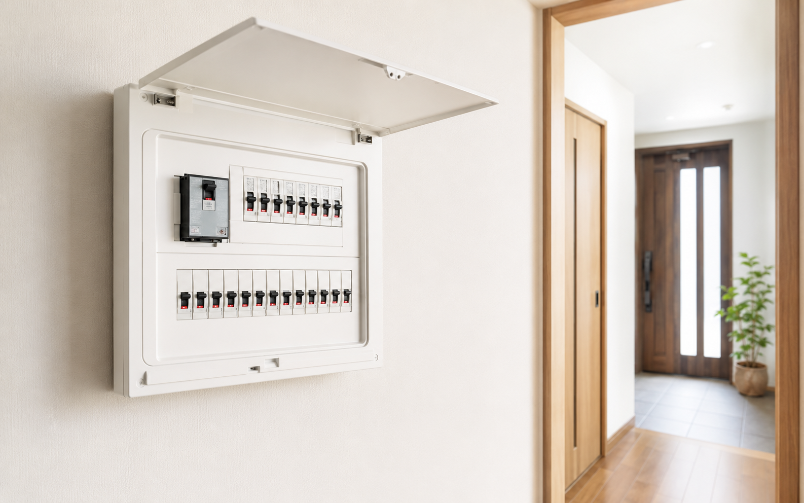 住宅の分電盤にあるブレーカー全体を確認するイメージ