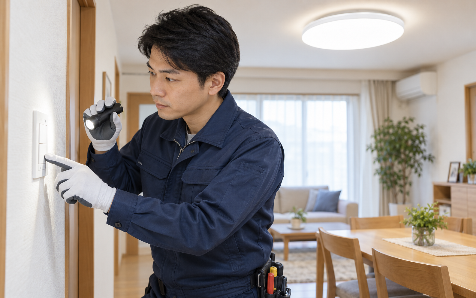 LED照明とスイッチの状態を点検する電気工事士のイメージ