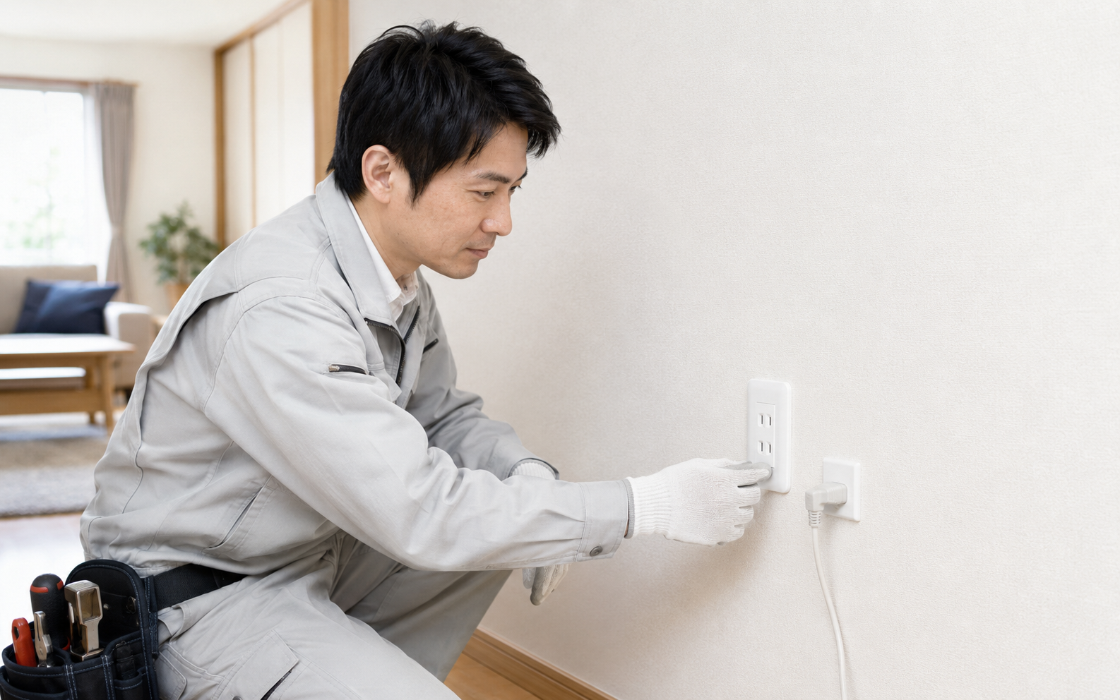 古いコンセントの状態を確認して交換する電気工事士のイメージ