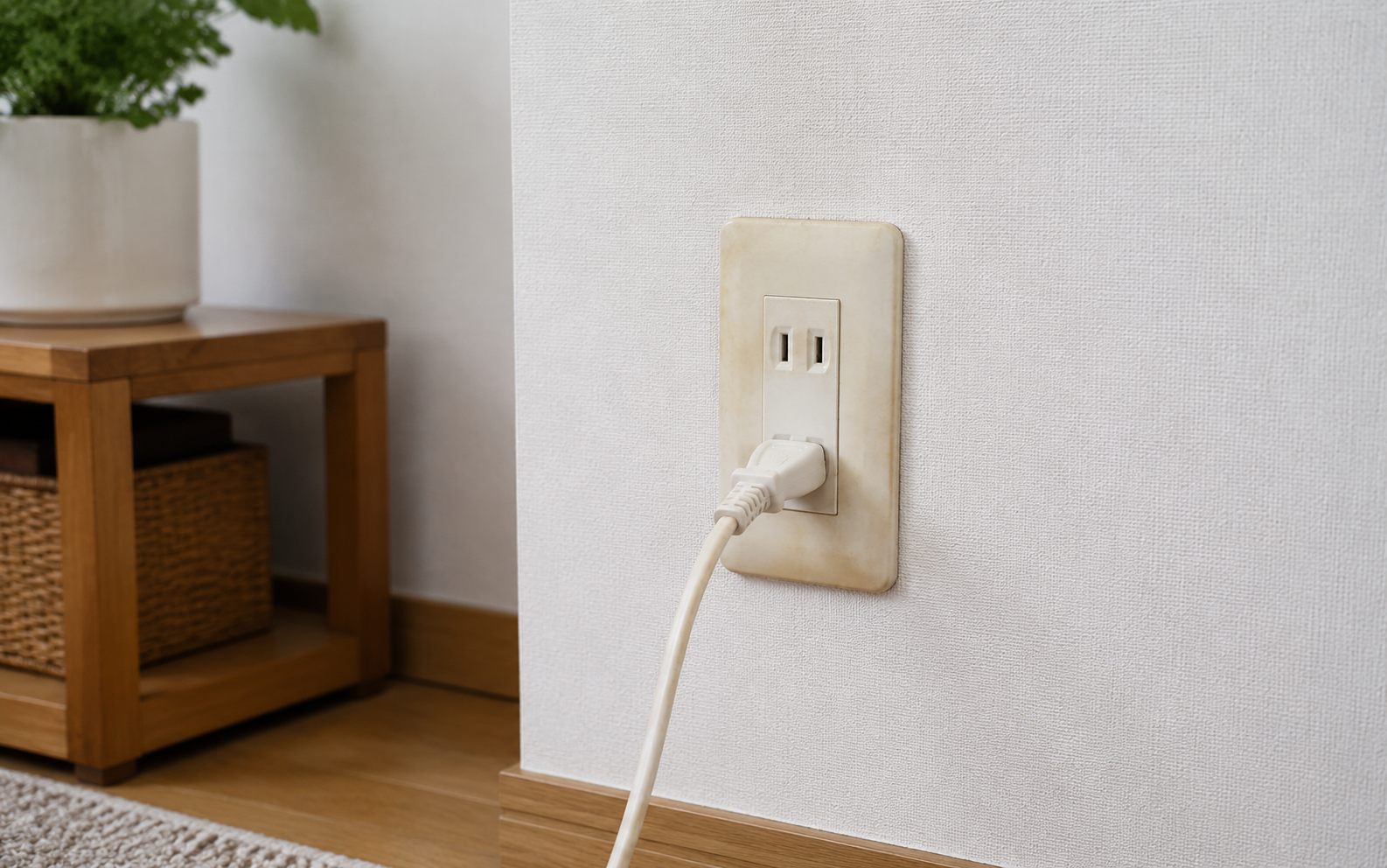 変色や緩みが気になる古い住宅用コンセントを確認するイメージ
