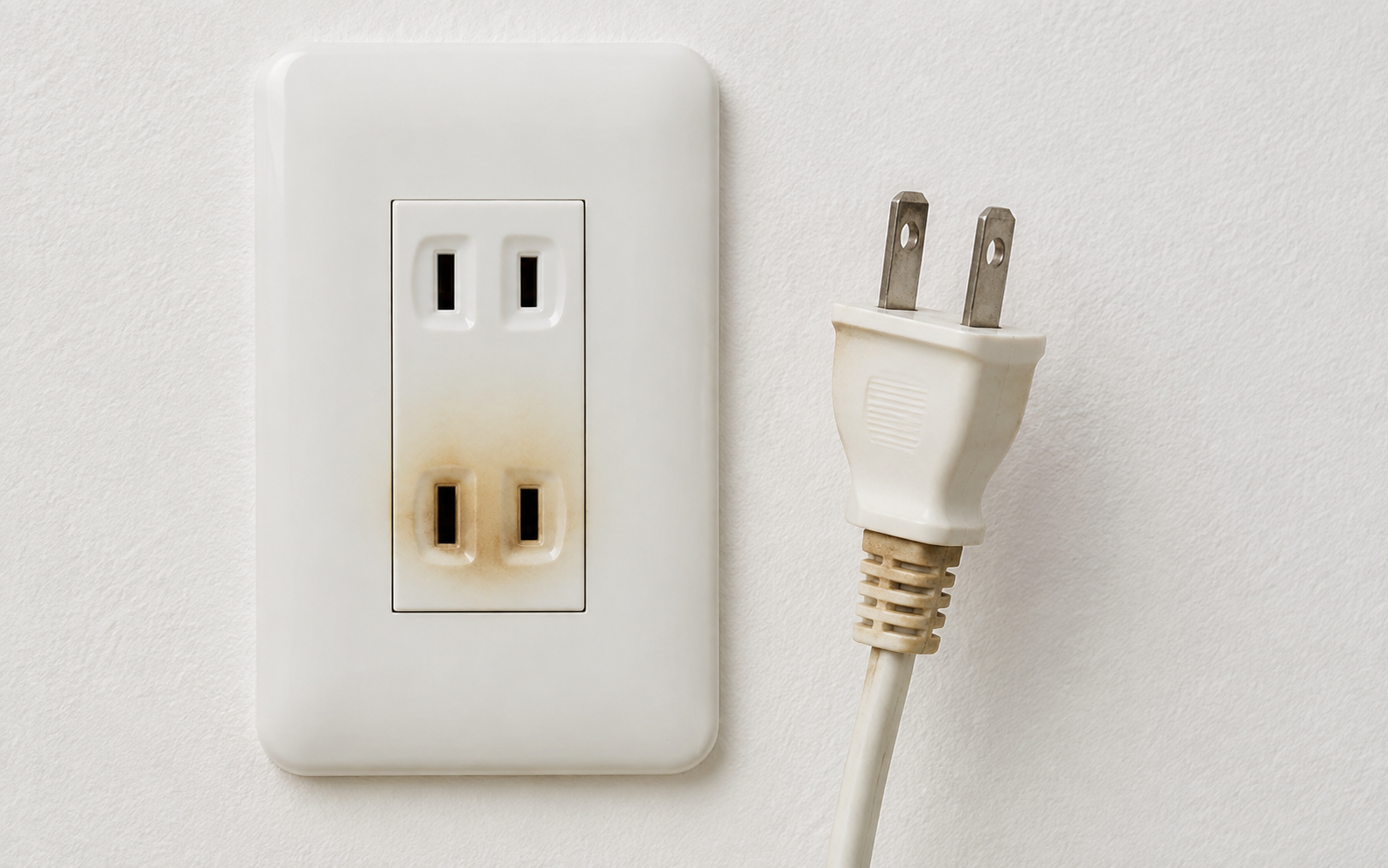 変色したコンセントと傷んだ電源プラグの危険サインを確認するイメージ