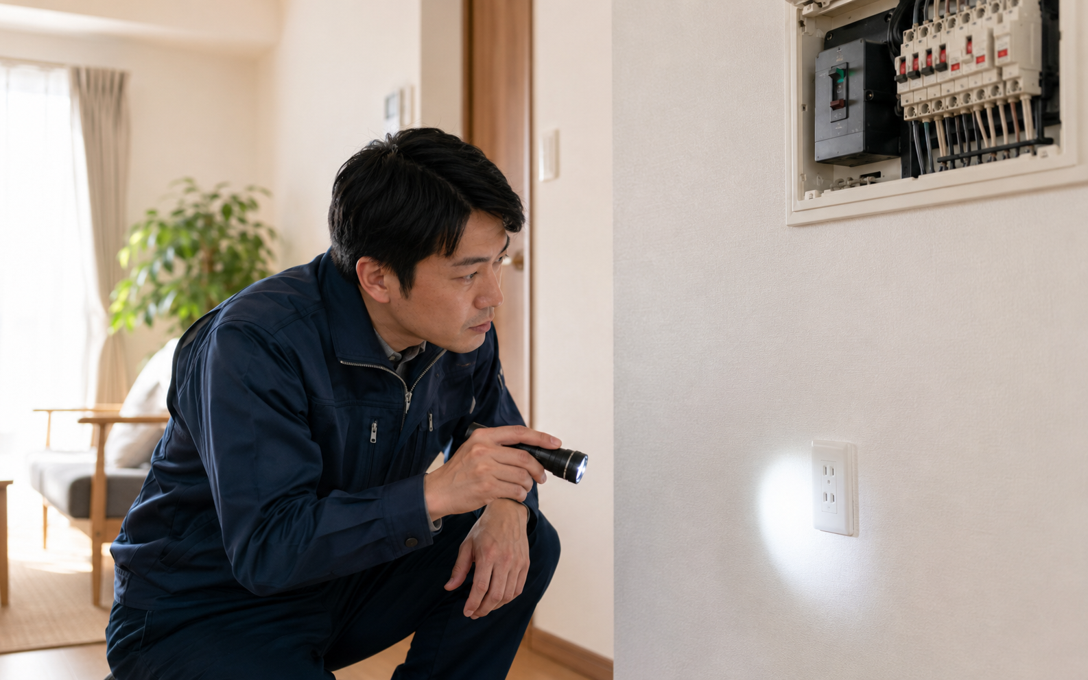 地震後のコンセントと分電盤を点検する電気工事士のイメージ