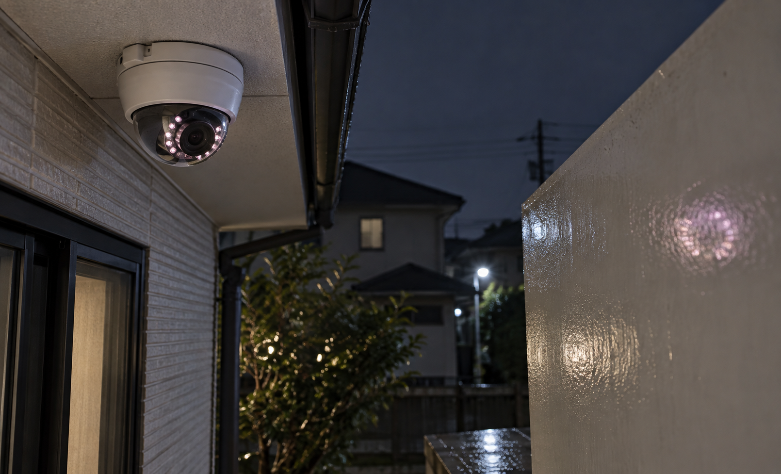 近くの壁への反射を確認しながら屋外防犯カメラの位置を検討するイメージ