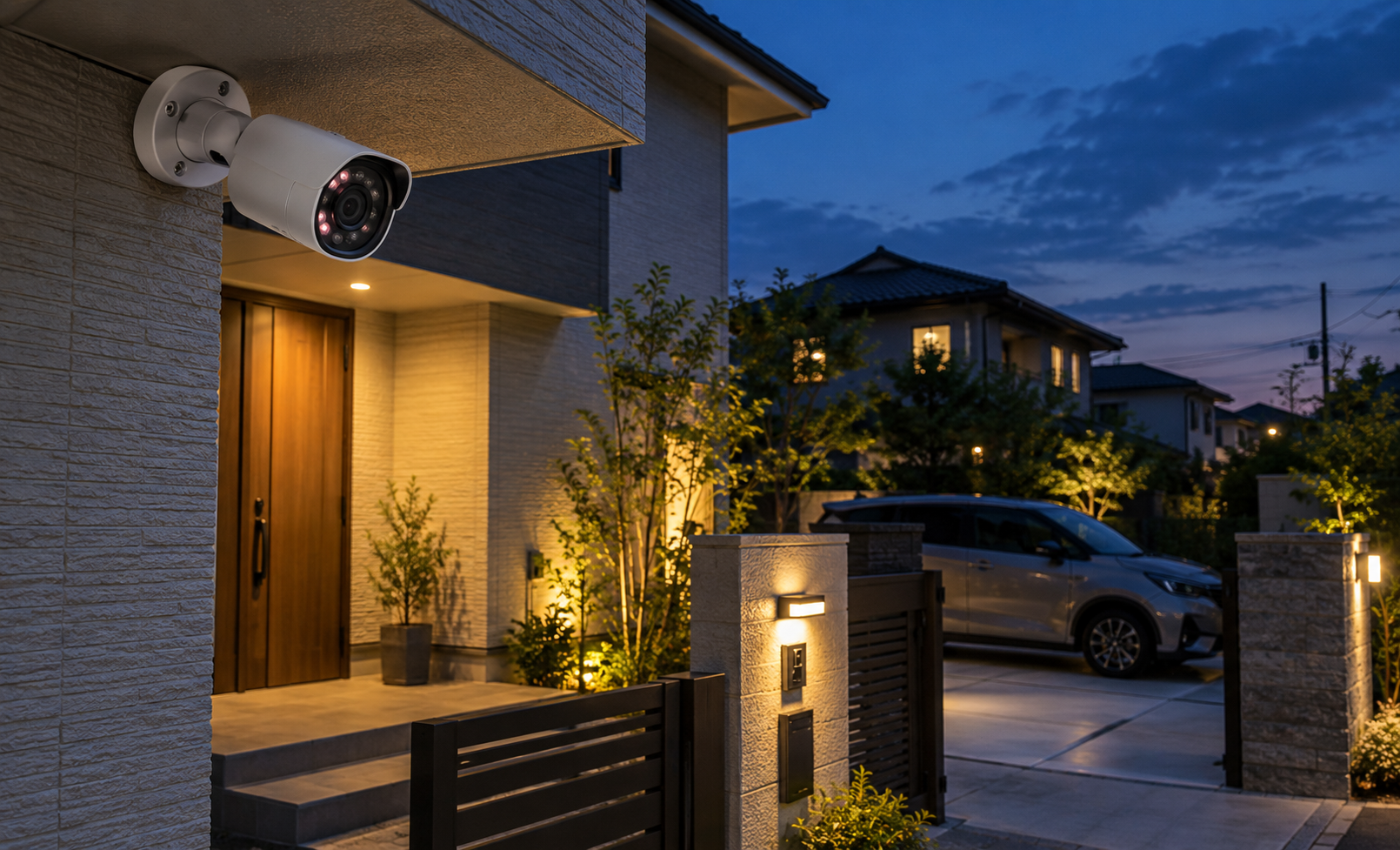 夜の住宅玄関と駐車場を見守る屋外防犯カメラのイメージ