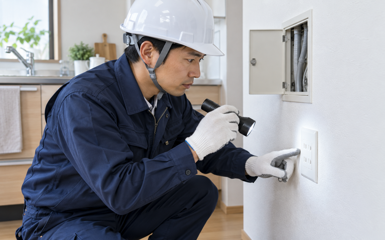 水漏れ後のコンセントと配線を確認する電気工事士のイメージ