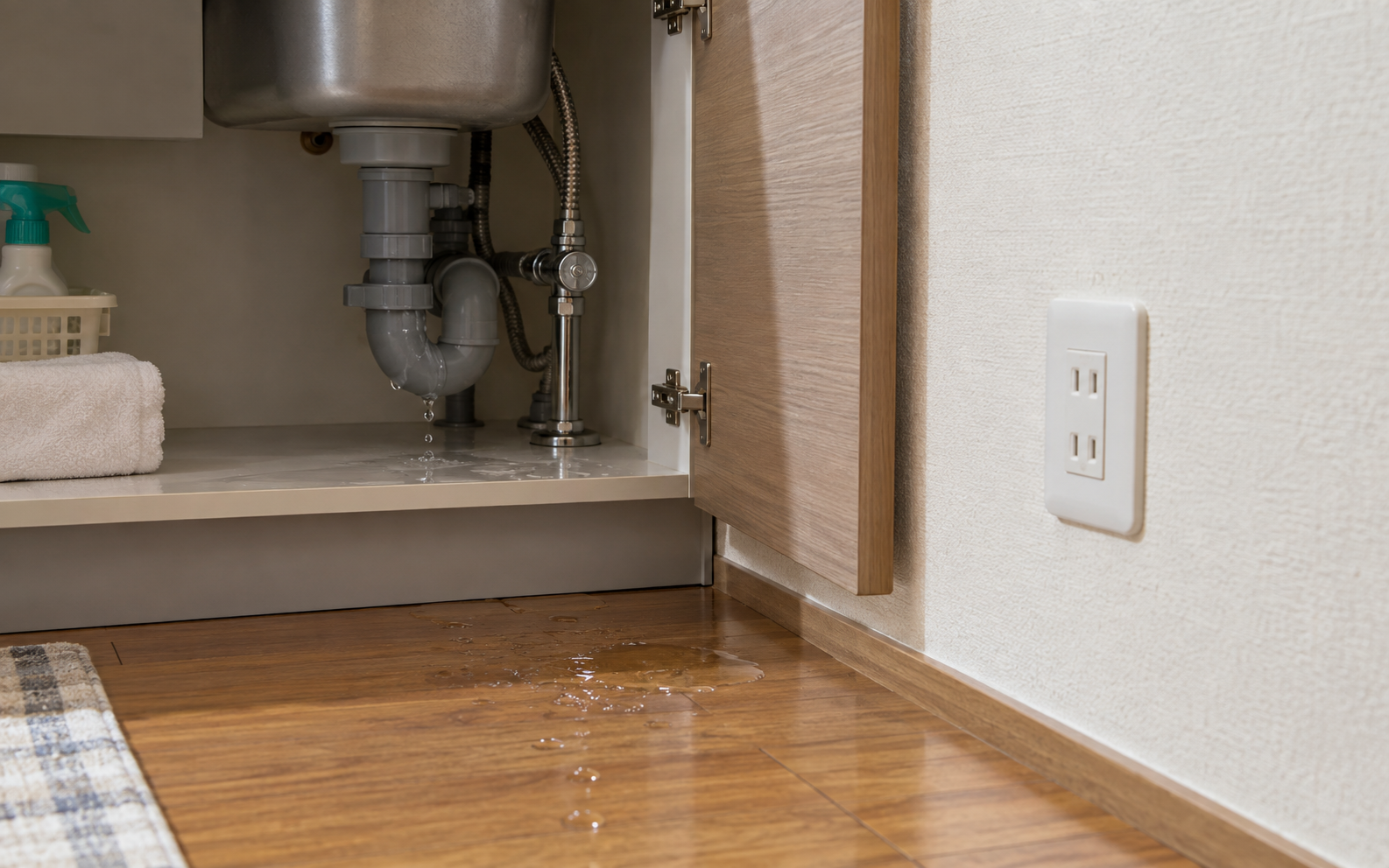 水漏れの近くにあるコンセントと電源プラグを確認するイメージ