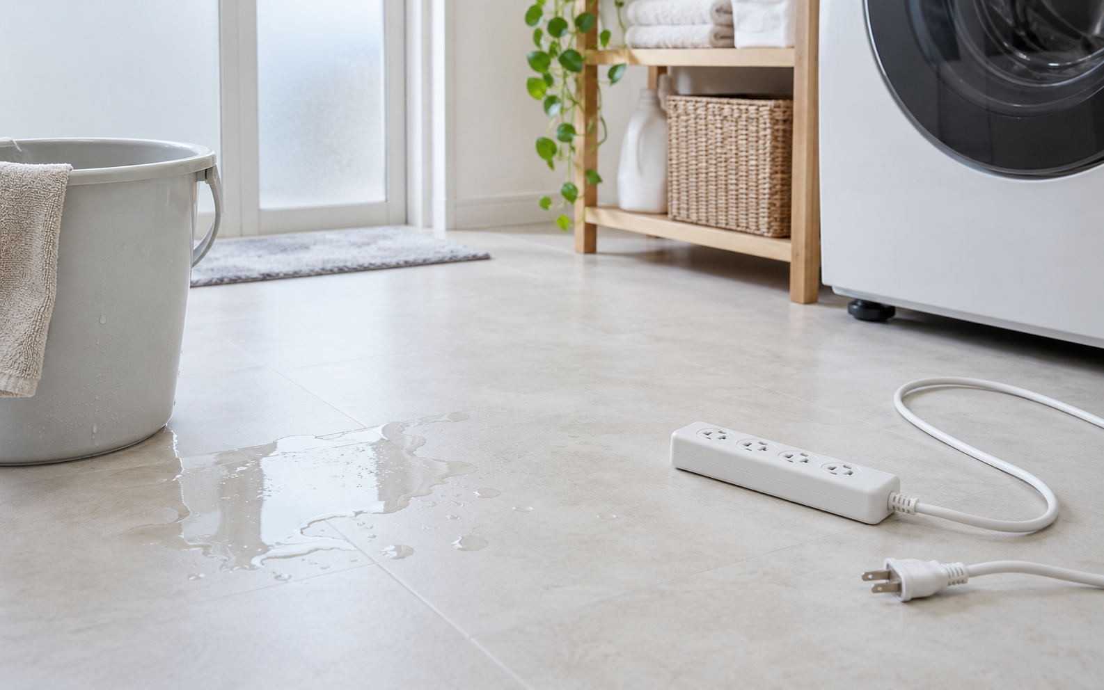 水に濡れた電源タップとコンセントの使用を控えるイメージ