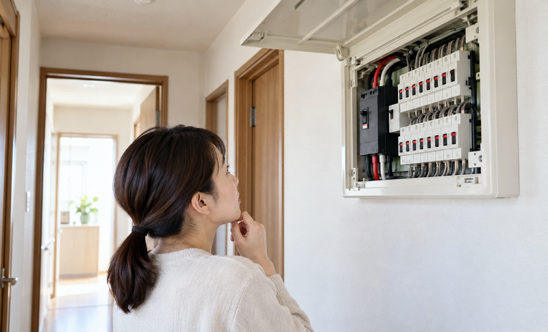 住宅の分電盤と主幹ブレーカーを確認するイメージ