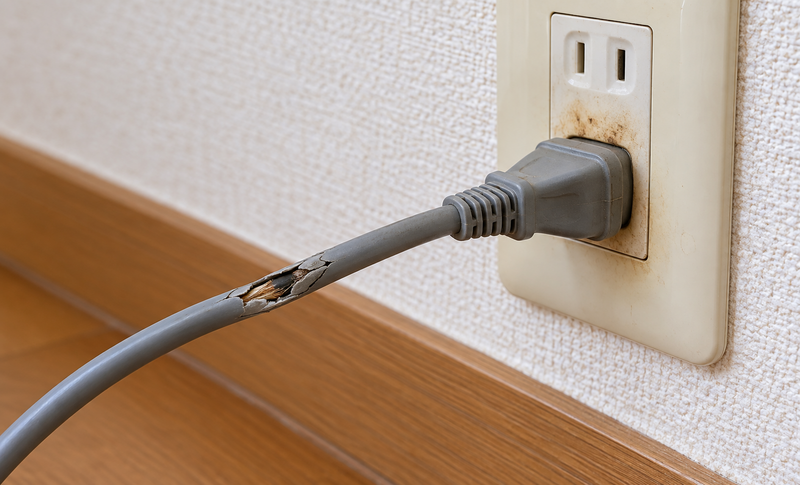 傷んだ電源コードと変色したコンセントの危険サインを示すイメージ