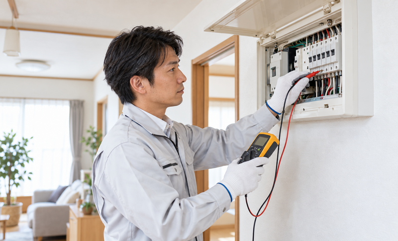 分電盤と電気配線を点検する電気工事士のイメージ