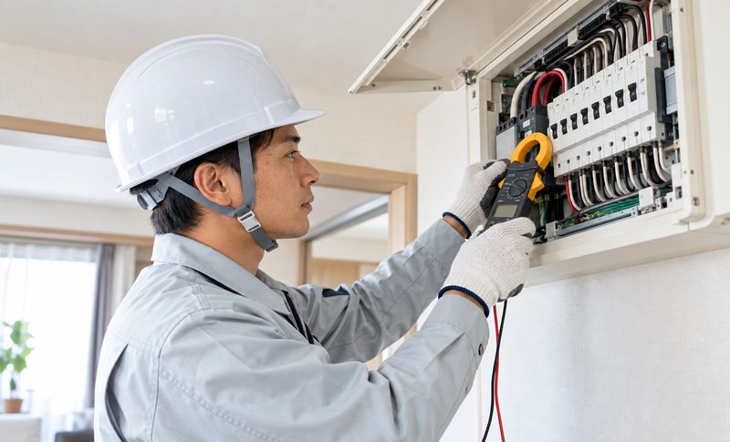 分電盤の電気容量を確認する電気工事士のイメージ