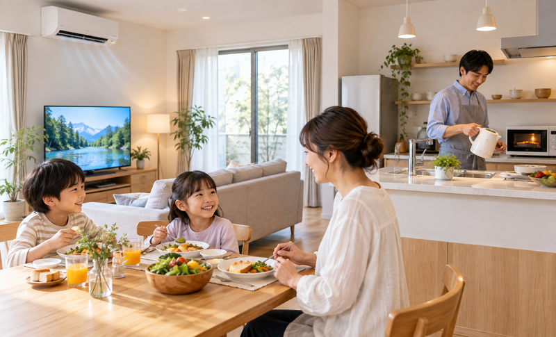 複数の家電を使う住宅で電気の使い方を確認するイメージ