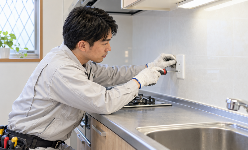 キッチンにコンセントを増設する電気工事士のイメージ