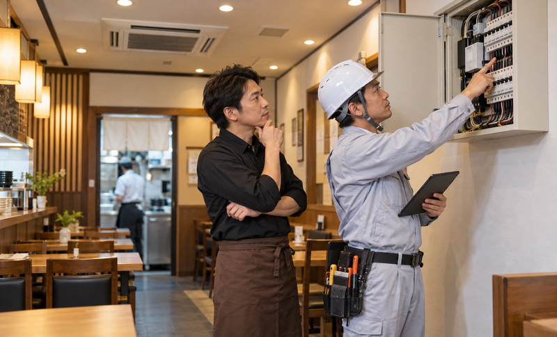 店舗の空調と照明に関する分電盤を確認する電気工事士のイメージ