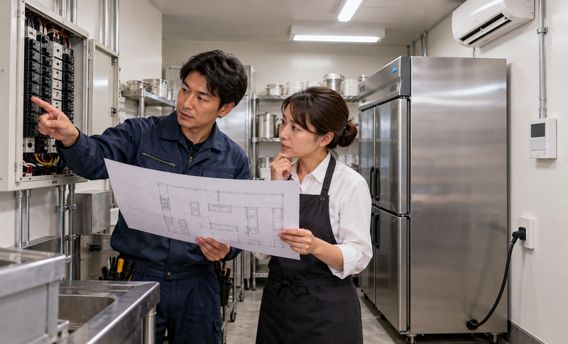 店舗の厨房機器と電気回路を確認する電気工事士と店舗スタッフのイメージ