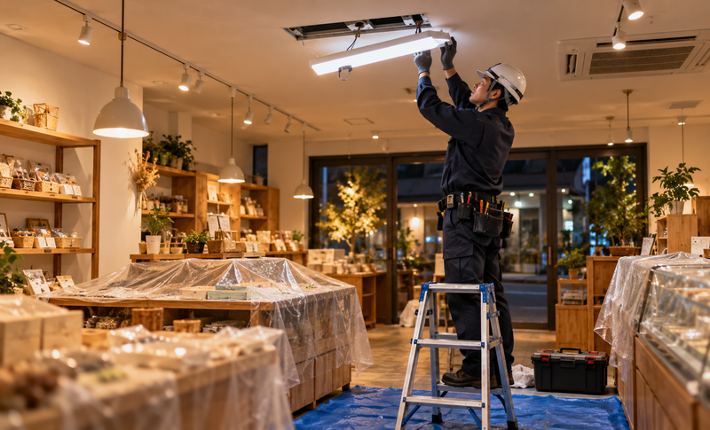 閉店後の店舗でLED照明を交換する電気工事士のイメージ