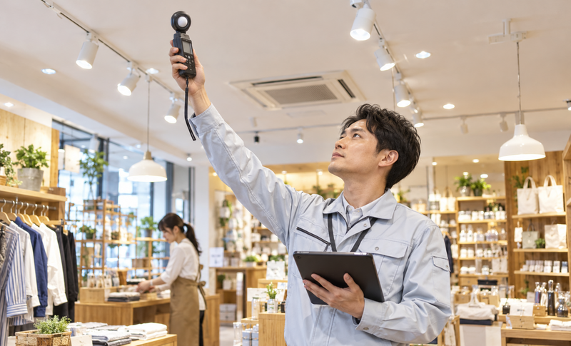 店舗のLED照明の明るさを測定する電気工事士のイメージ